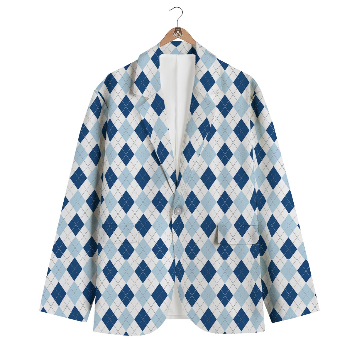 Argyle Blue Pattern Print Men's Blazer-grizzshop