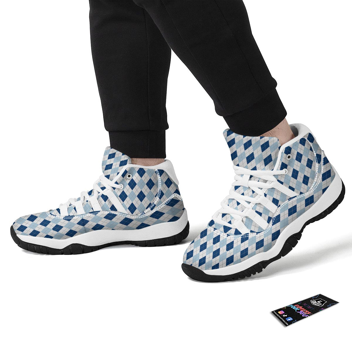 Argyle Blue Pattern Print White Bball Shoes-grizzshop