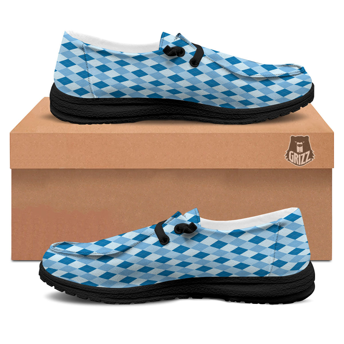 Argyle Blue Print Pattern Black Loafers-grizzshop