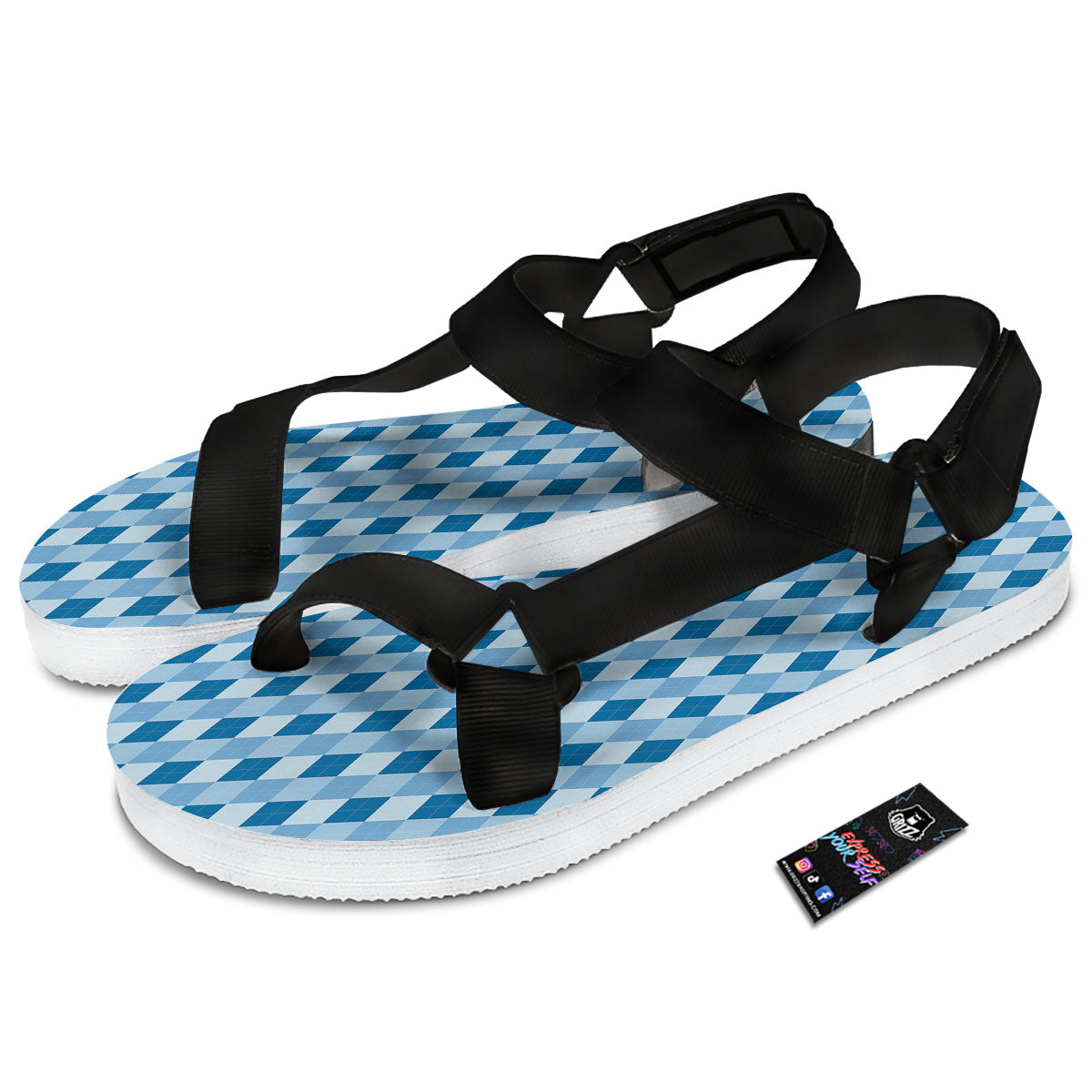 Argyle Blue Print Pattern Black Open Toe Sandals-grizzshop