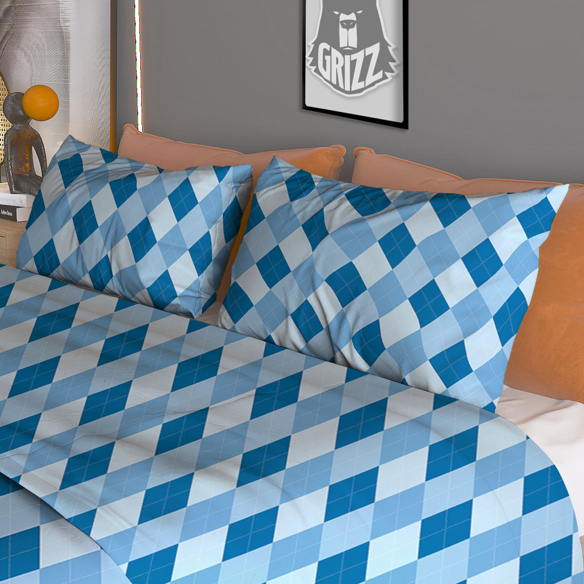 Argyle Blue Print Pattern Duvet Cover Bedding Set-grizzshop
