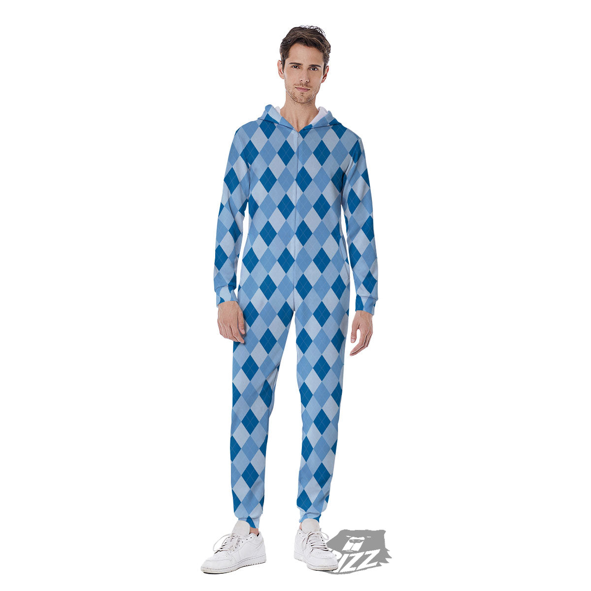 Argyle Blue Print Pattern Men's Jumpsuit-grizzshop