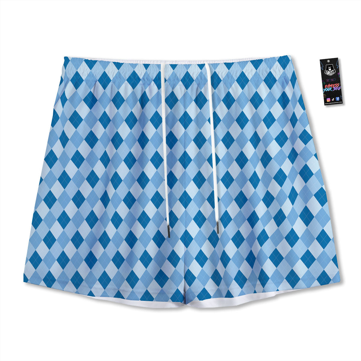 Argyle Blue Print Pattern Mesh Shorts-grizzshop