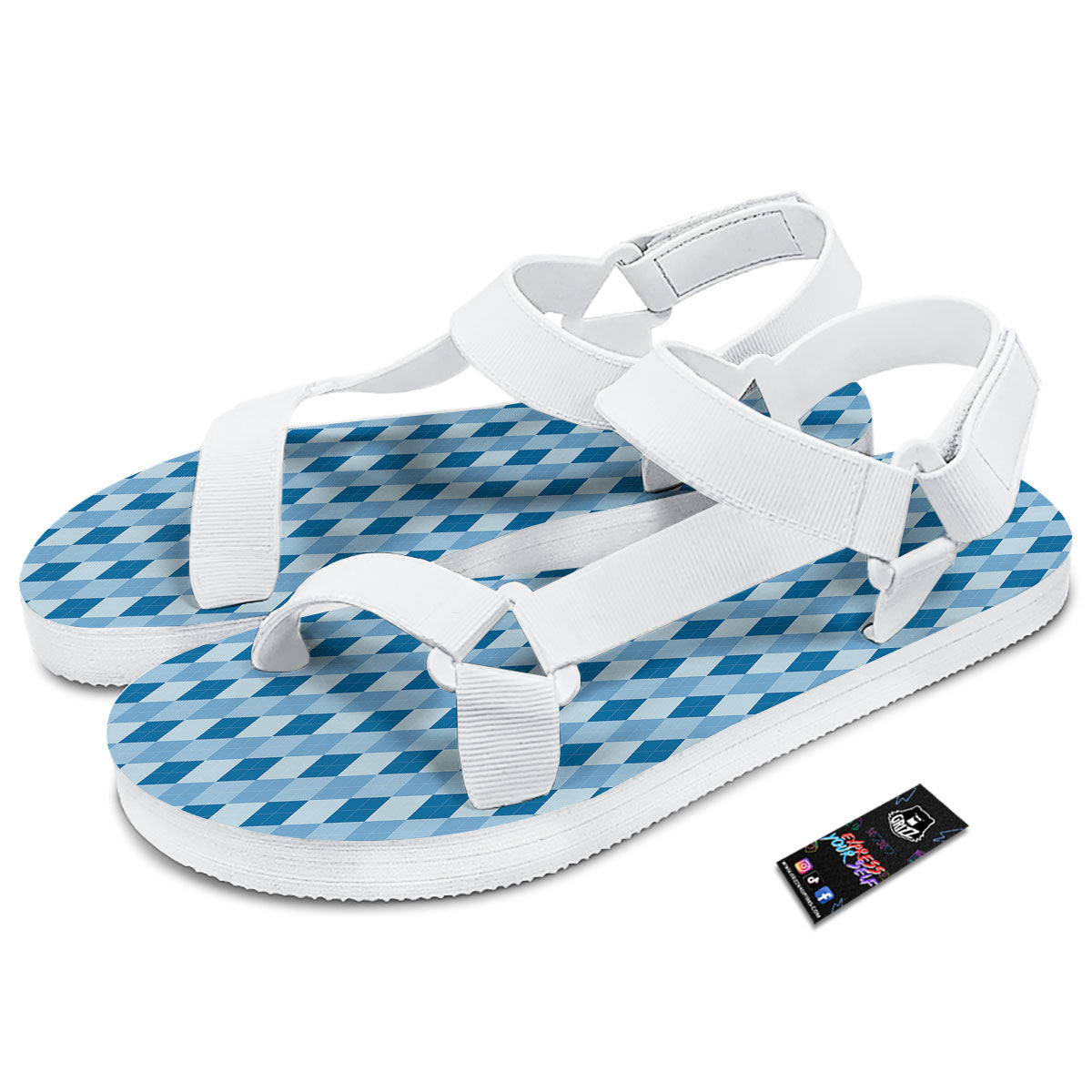 Argyle Blue Print Pattern White Open Toe Sandals-grizzshop