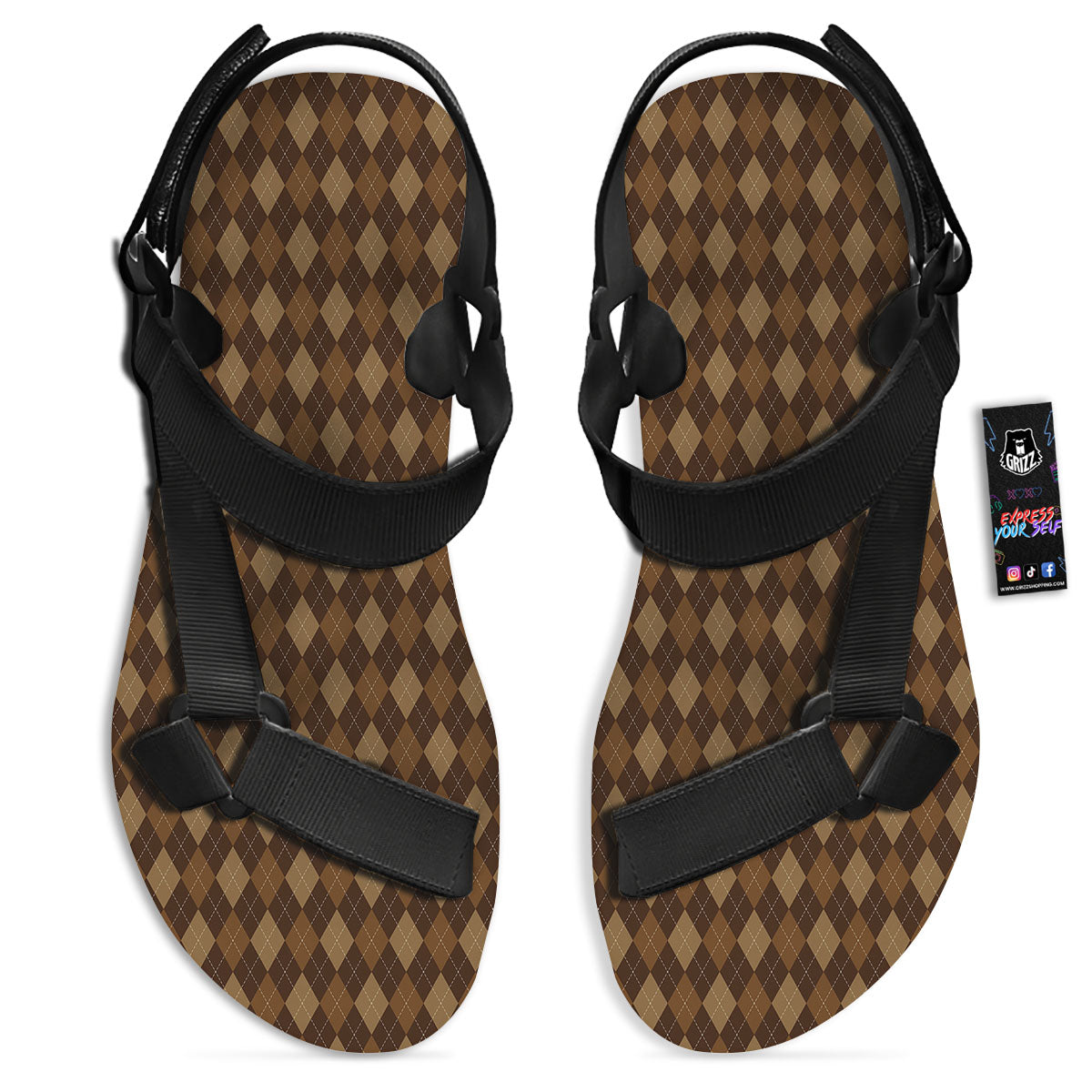 Argyle Brown Print Pattern Black Open Toe Sandals-grizzshop