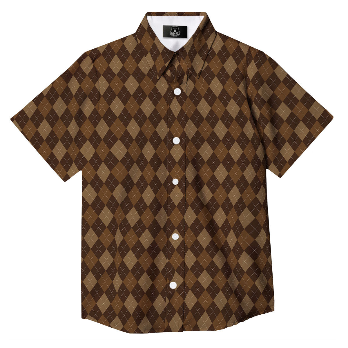Argyle Brown Print Pattern Button Up Shirt-grizzshop