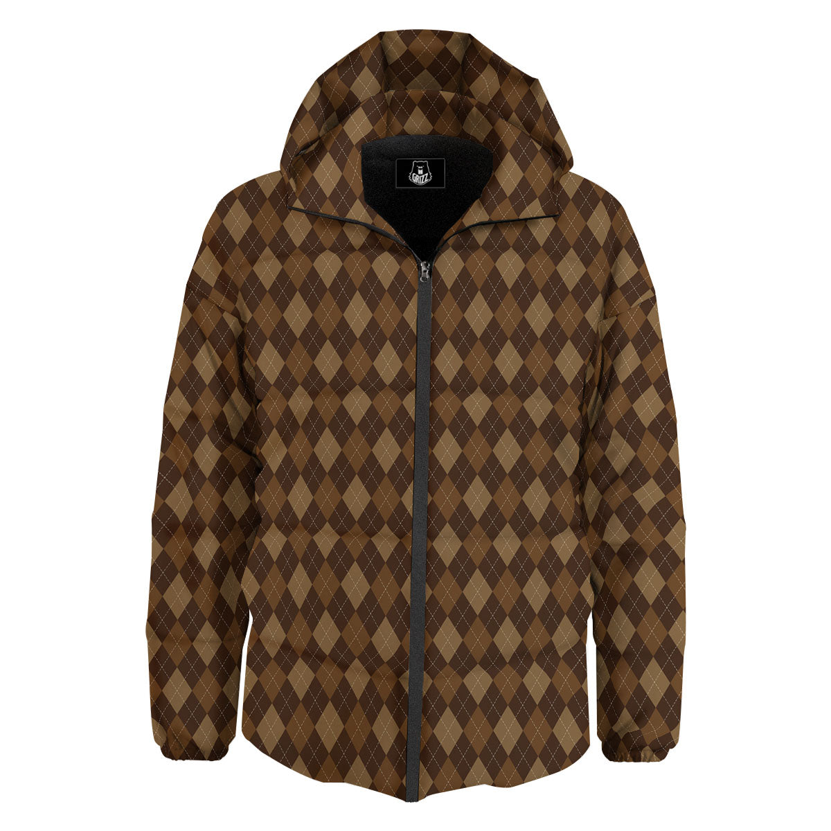 Argyle Brown Print Pattern Down Jacket-grizzshop