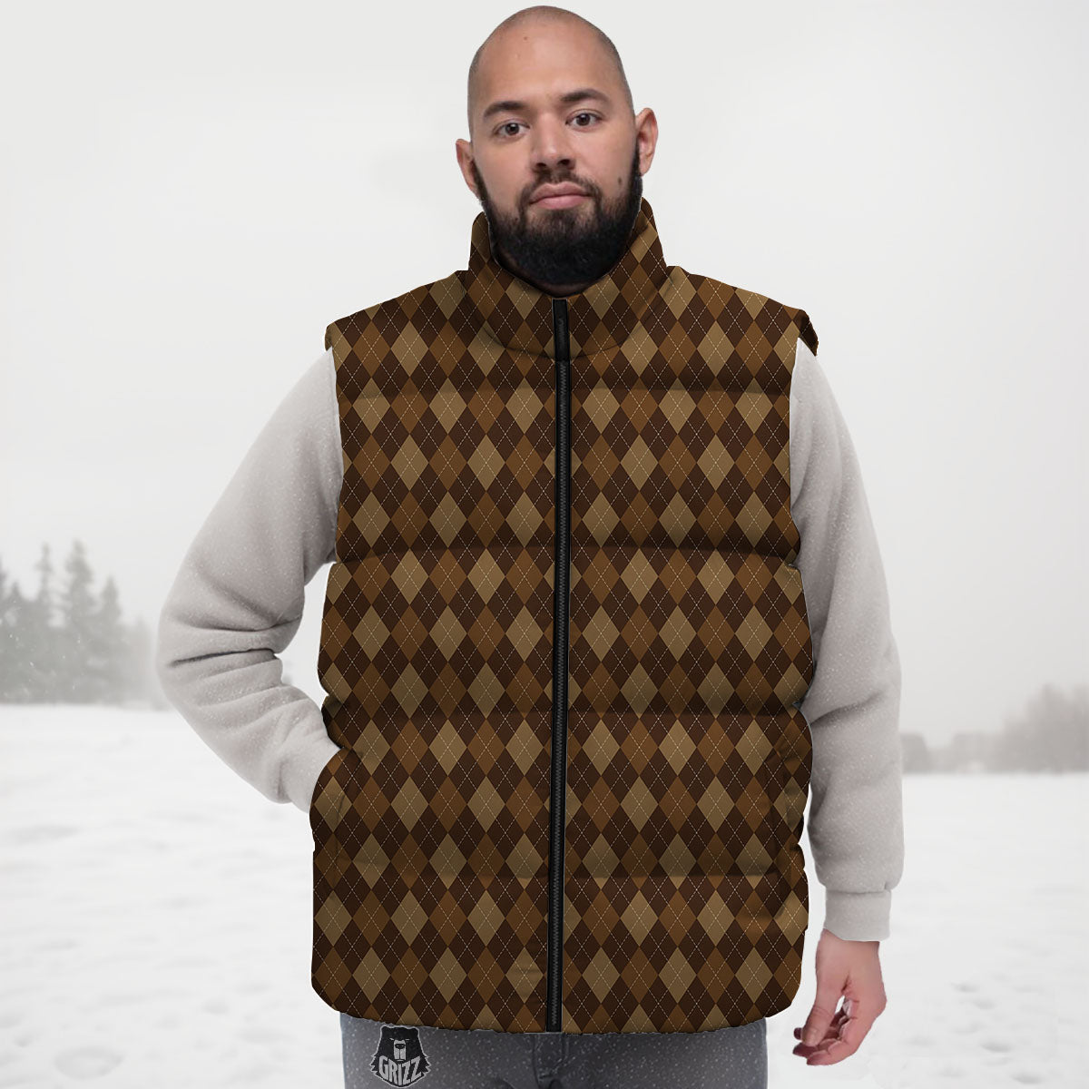 Argyle Brown Print Pattern Down Vest-grizzshop