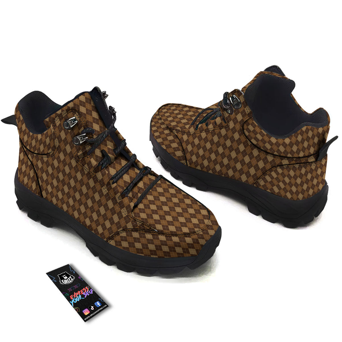 Argyle Brown Print Pattern Hiking Shoes-grizzshop