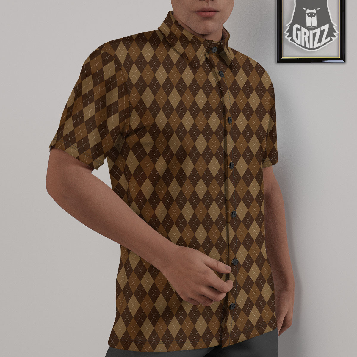Argyle Brown Print Pattern Untucked Shirts-grizzshop
