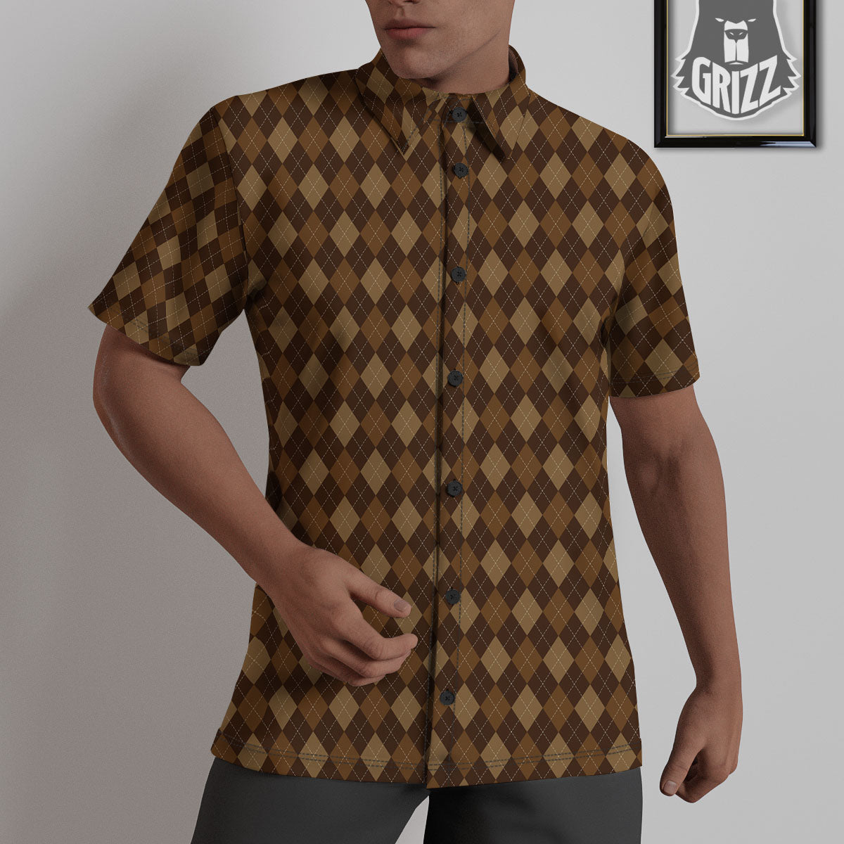 Argyle Brown Print Pattern Untucked Shirts-grizzshop