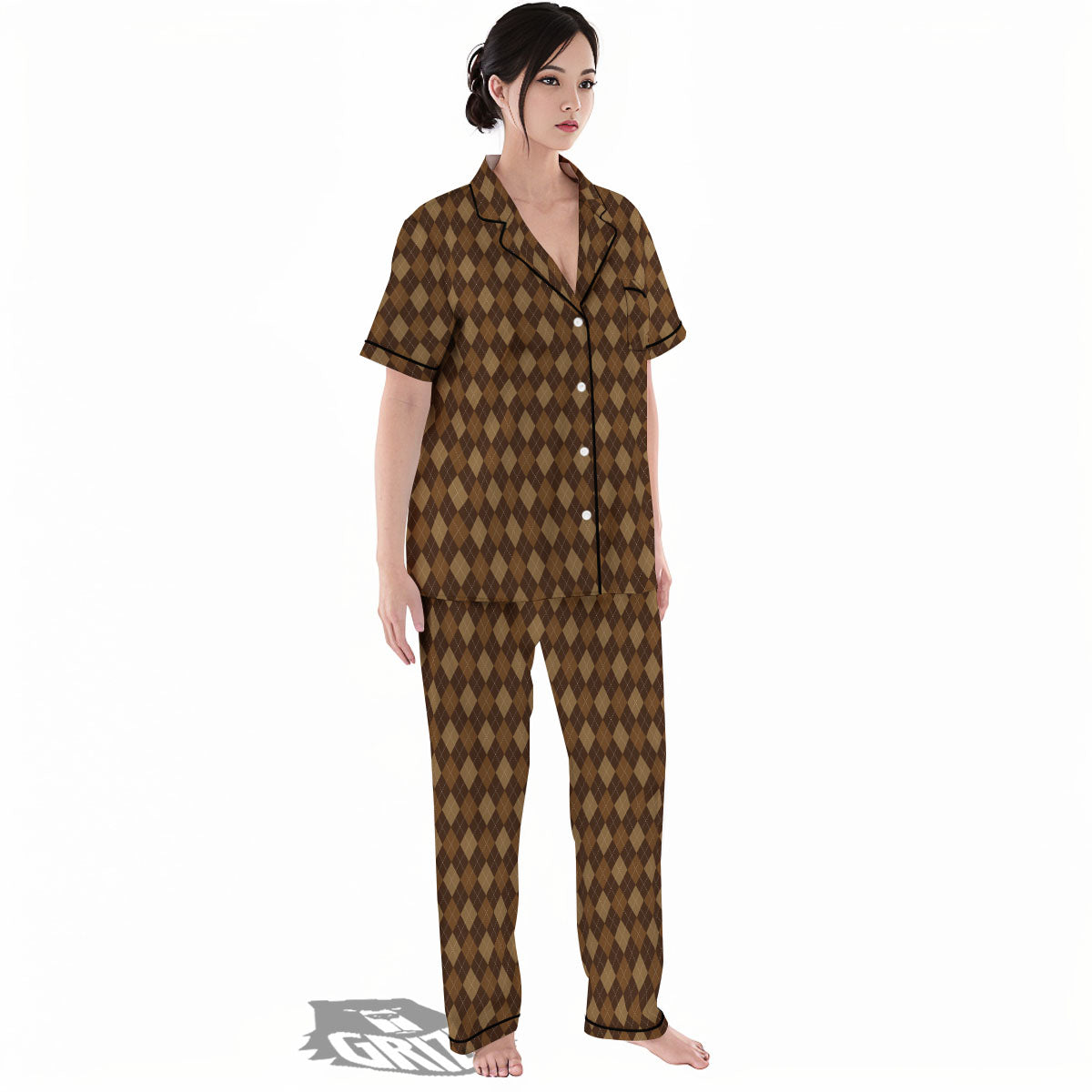 Argyle Brown Print Pattern Women's Pajamas Set-grizzshop