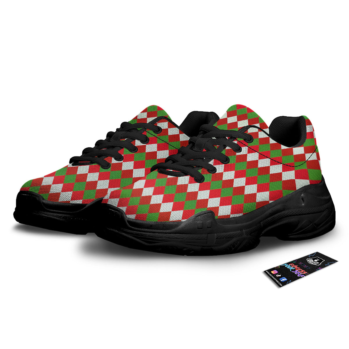 Argyle Christmas Themed Print Pattern Black Chunky Shoes-grizzshop