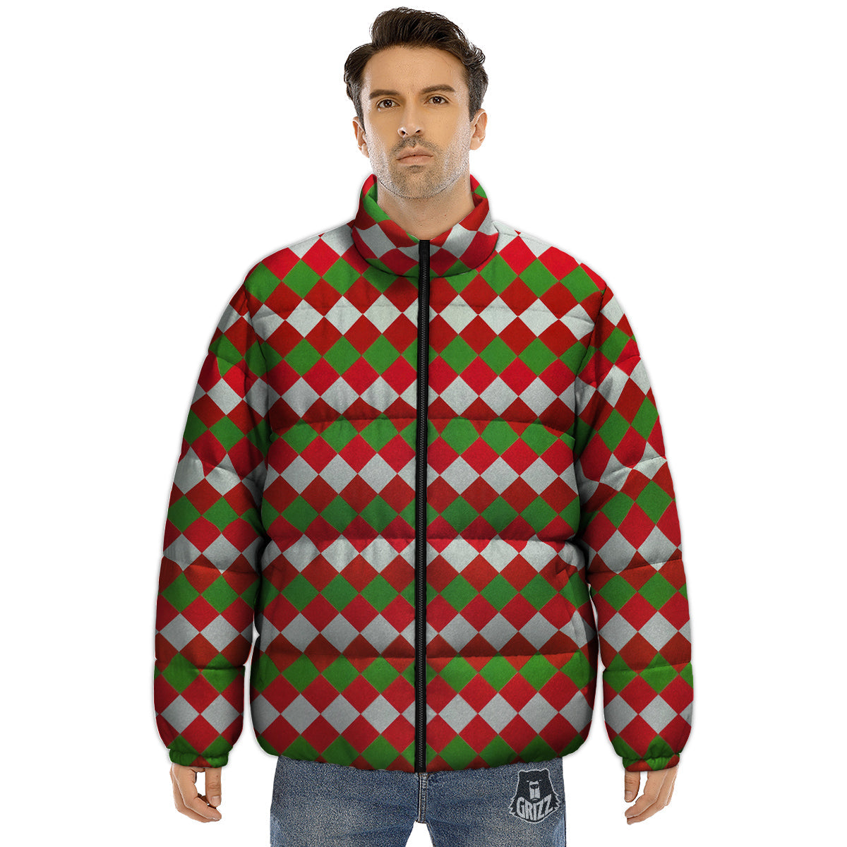 Argyle Christmas Themed Print Pattern Puffer Jacket-grizzshop