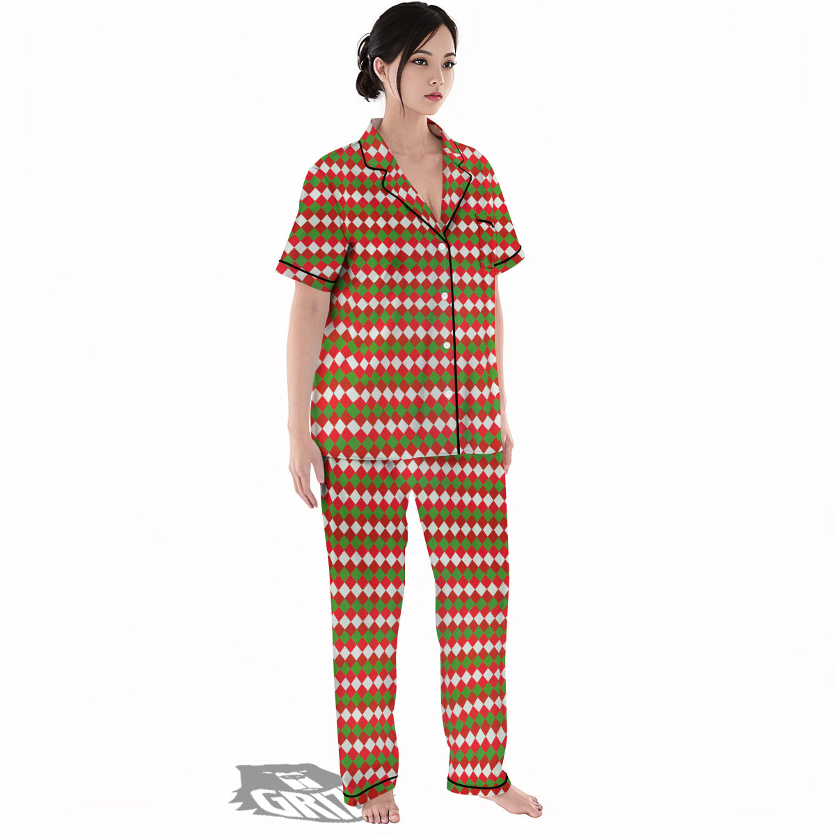 Argyle Christmas Themed Print Pattern Women's Pajamas Set-grizzshop