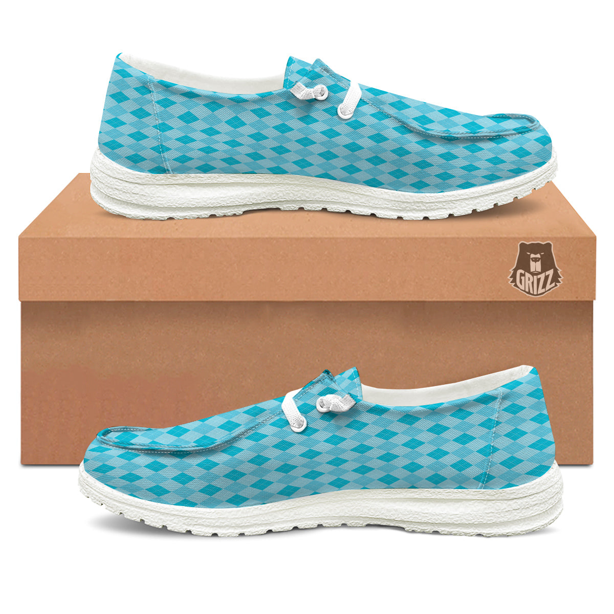 Argyle Classic Blue Print Pattern White Loafers-grizzshop