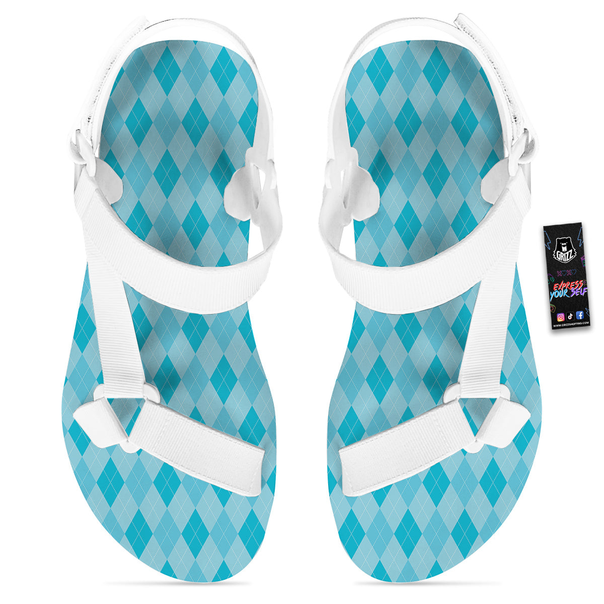 Argyle Classic Blue Print Pattern White Open Toe Sandals-grizzshop