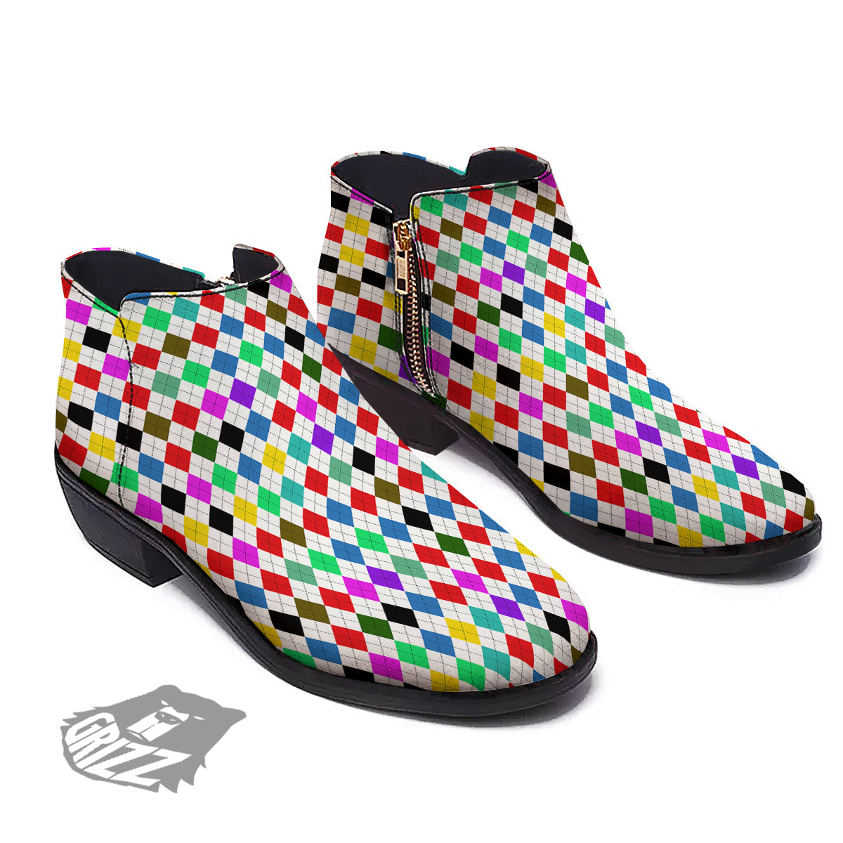 Argyle Colorful Print Pattern Ankle Boots-grizzshop