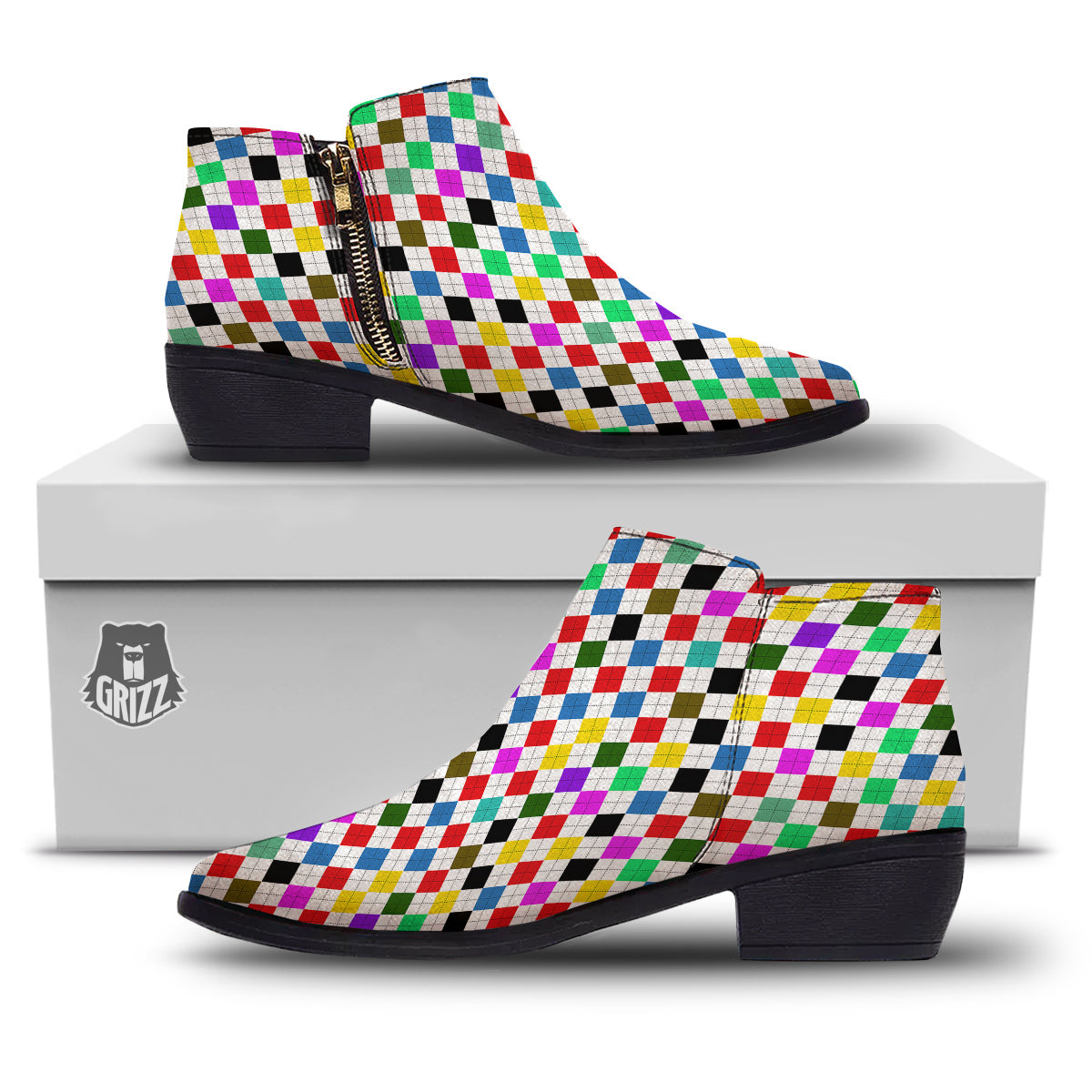 Argyle Colorful Print Pattern Ankle Boots-grizzshop