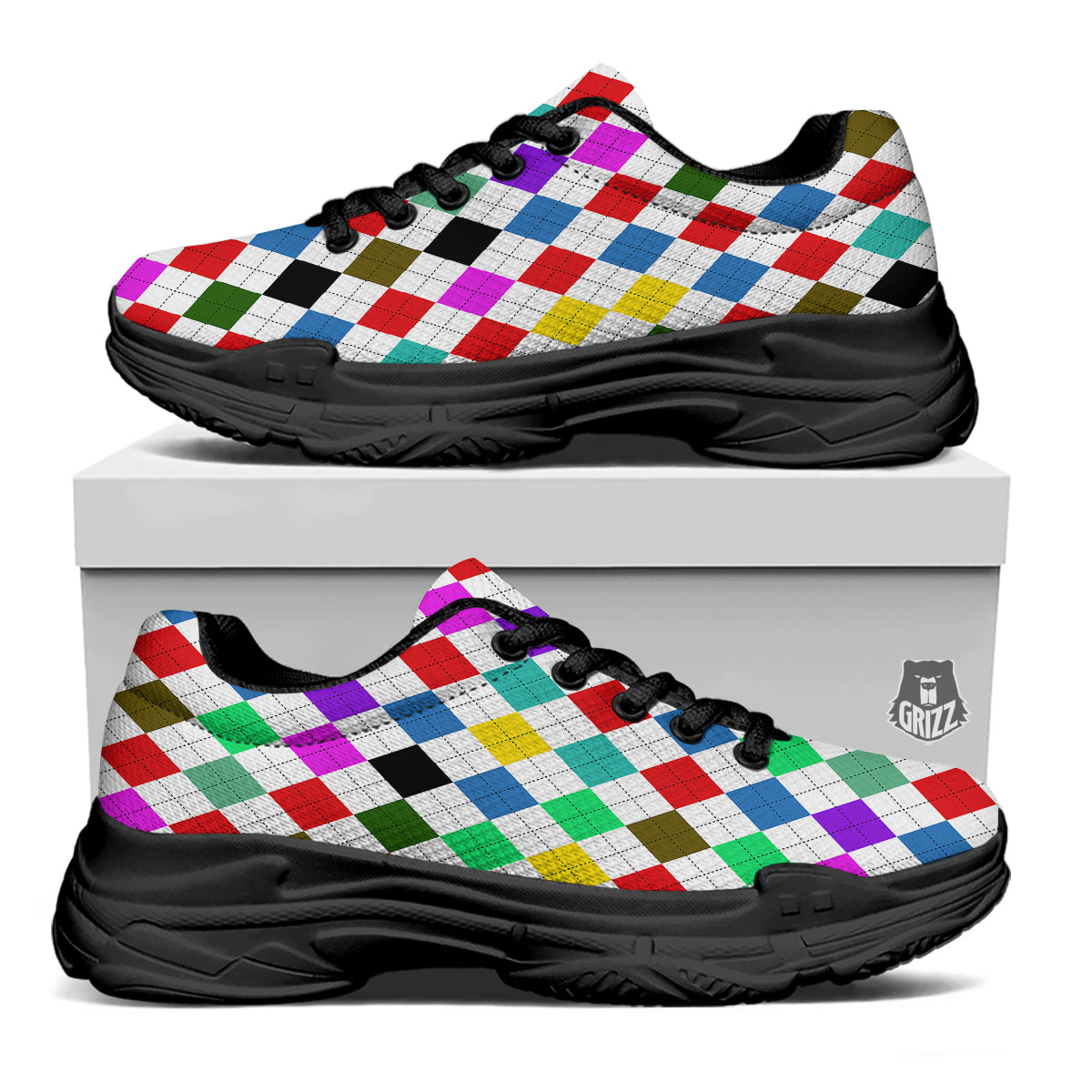 Argyle Colorful Print Pattern Black Chunky Shoes-grizzshop