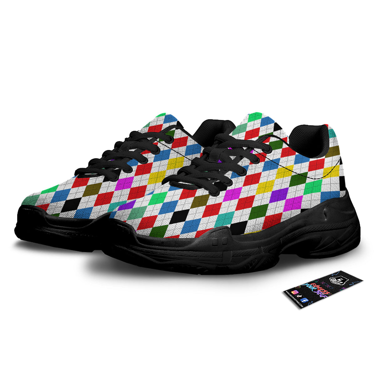 Argyle Colorful Print Pattern Black Chunky Shoes-grizzshop