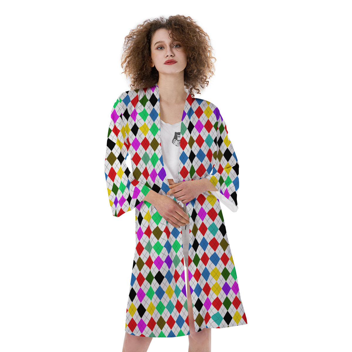 Argyle Colorful Print Pattern Kimono-grizzshop