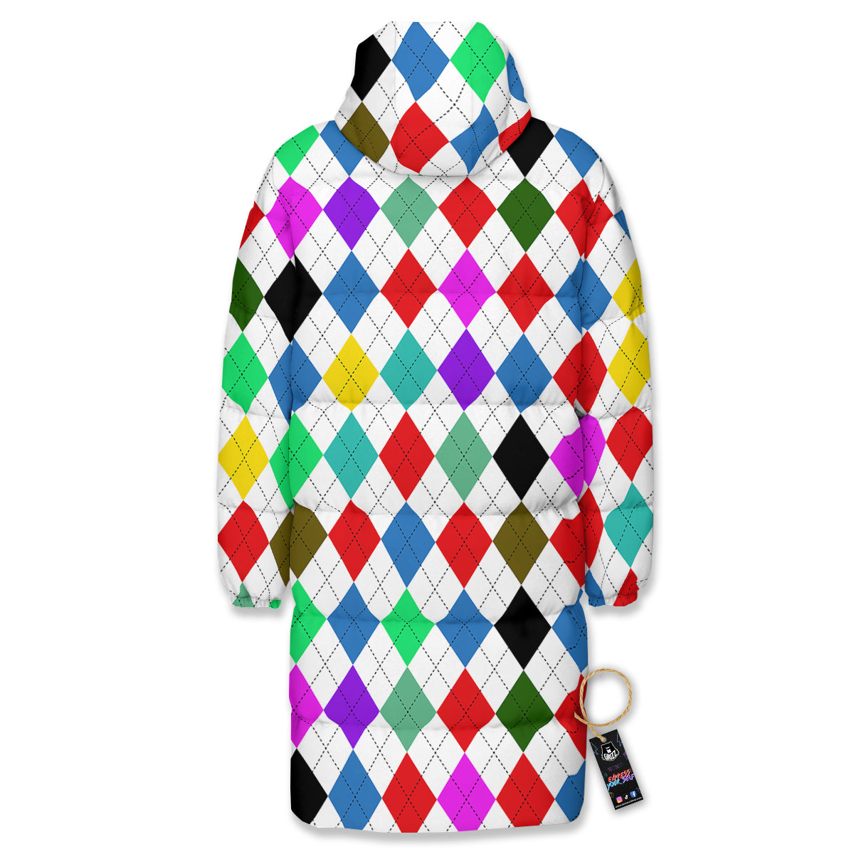 Argyle Colorful Print Pattern Long Down Jacket-grizzshop