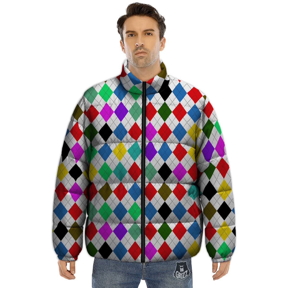 Argyle Colorful Print Pattern Puffer Jacket-grizzshop