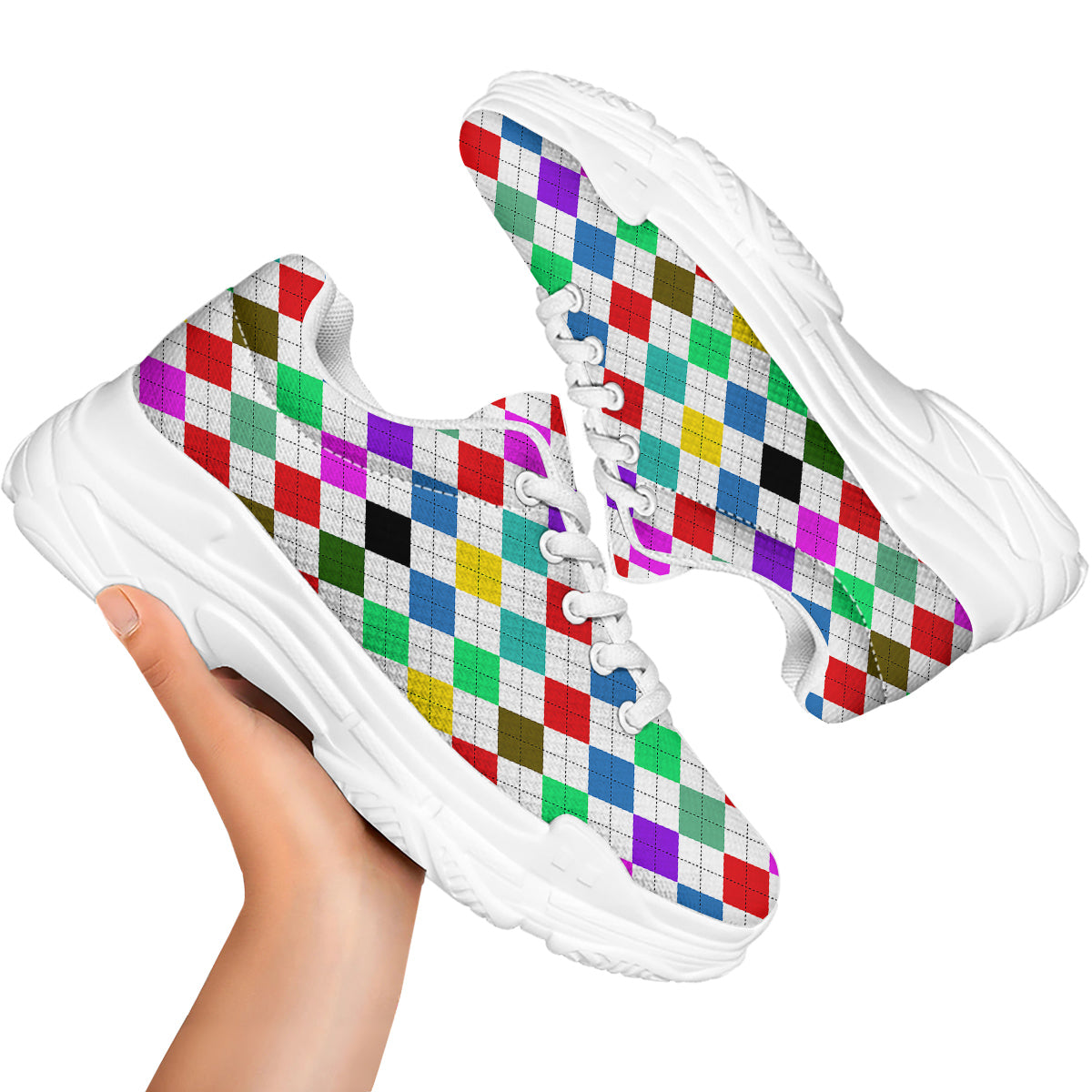 Argyle Colorful Print Pattern White Chunky Shoes-grizzshop