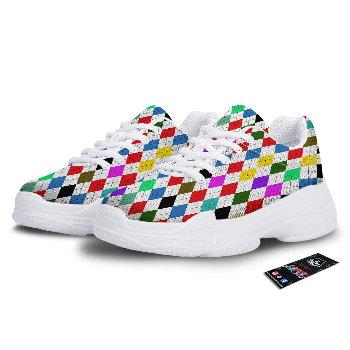 Argyle Colorful Print Pattern White Chunky Shoes-grizzshop