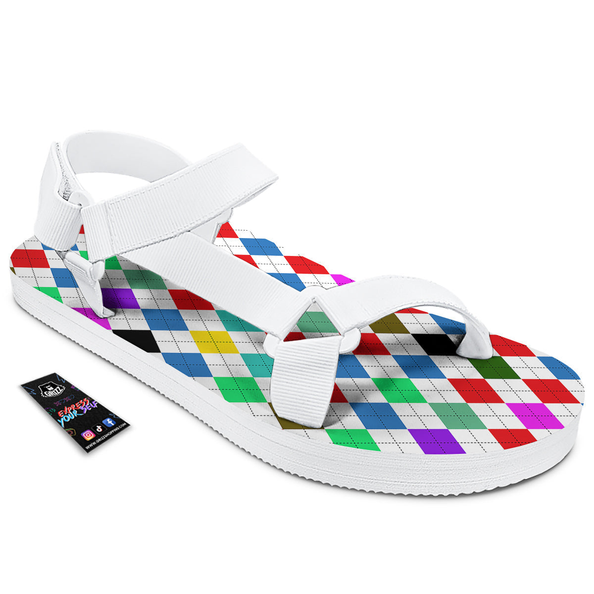 Argyle Colorful Print Pattern White Open Toe Sandals-grizzshop