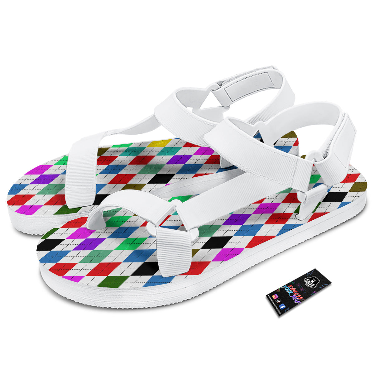 Argyle Colorful Print Pattern White Open Toe Sandals-grizzshop