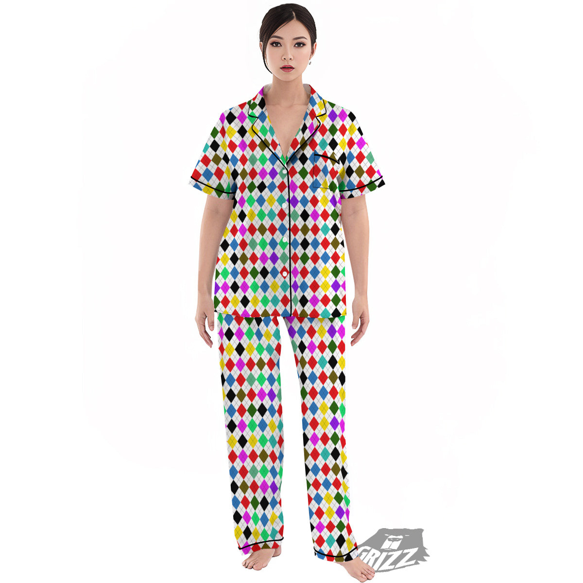Argyle Colorful Print Pattern Women's Pajamas Set-grizzshop