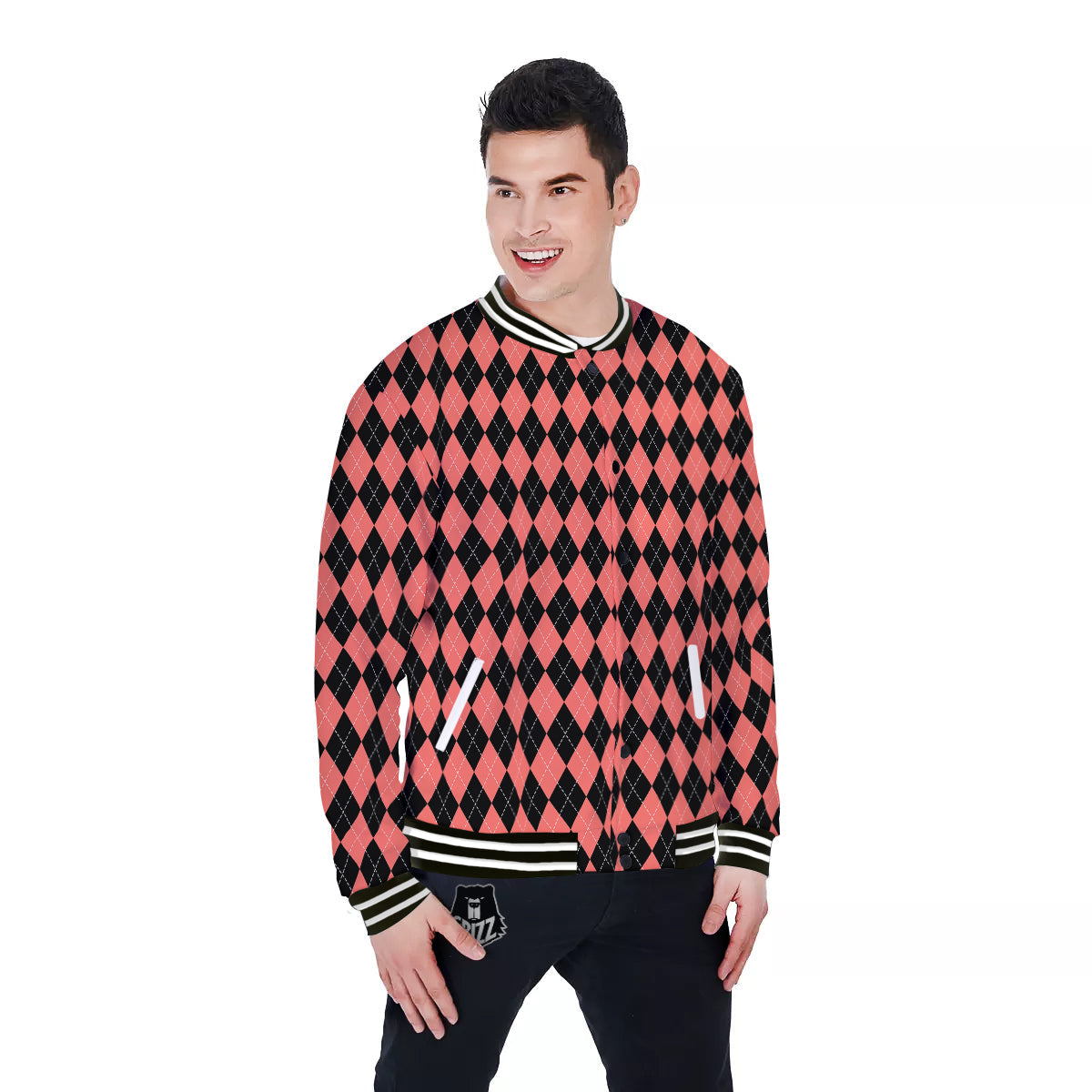 Argyle Coral And Black Print Pattern Baseball Jacket-grizzshop