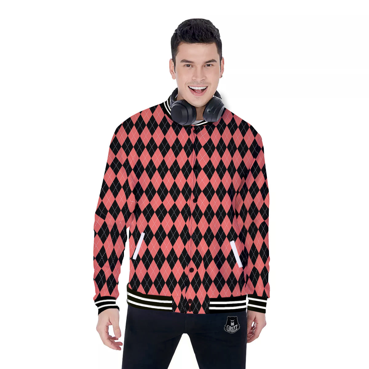 Argyle Coral And Black Print Pattern Baseball Jacket-grizzshop