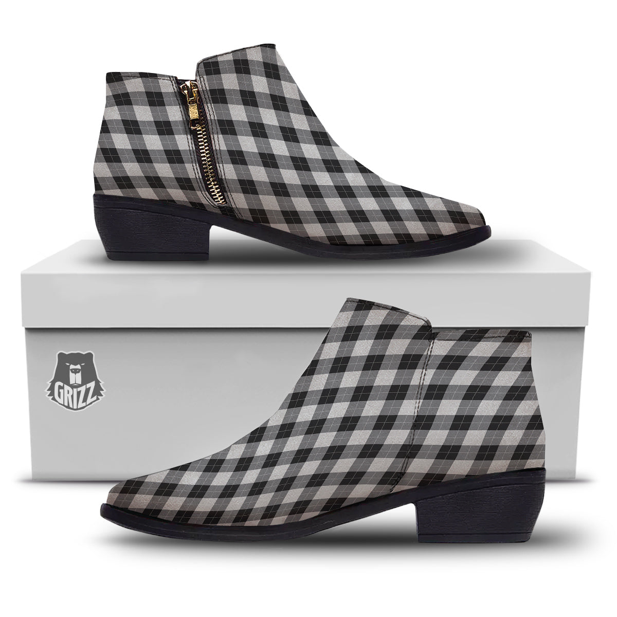 Argyle Dark Grey Print Pattern Ankle Boots-grizzshop