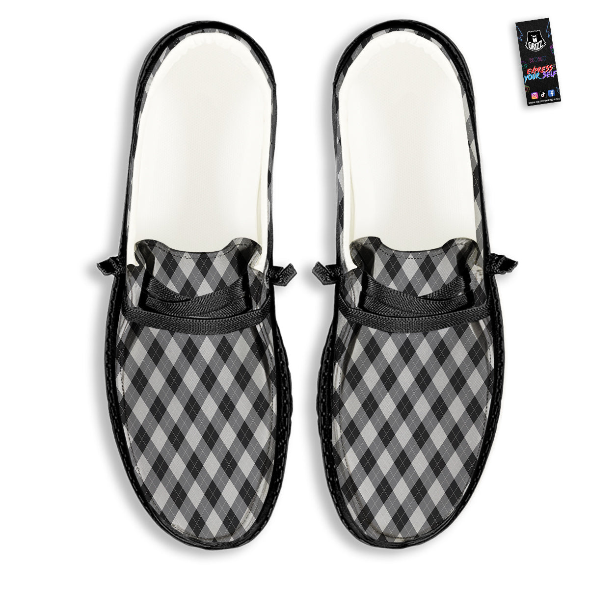 Argyle Dark Grey Print Pattern Black Loafers-grizzshop