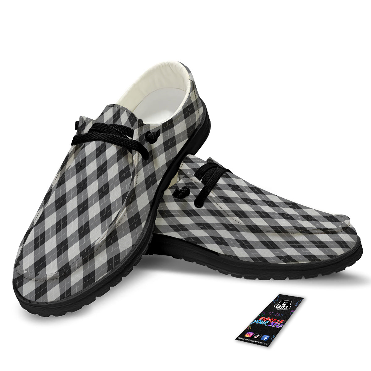 Argyle Dark Grey Print Pattern Black Loafers-grizzshop