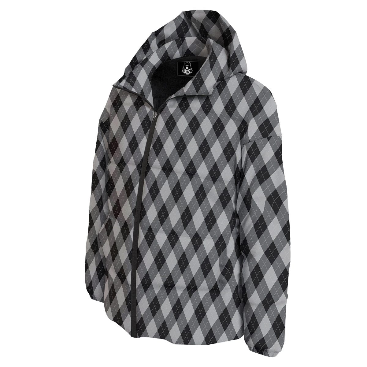 Argyle Dark Grey Print Pattern Down Jacket-grizzshop