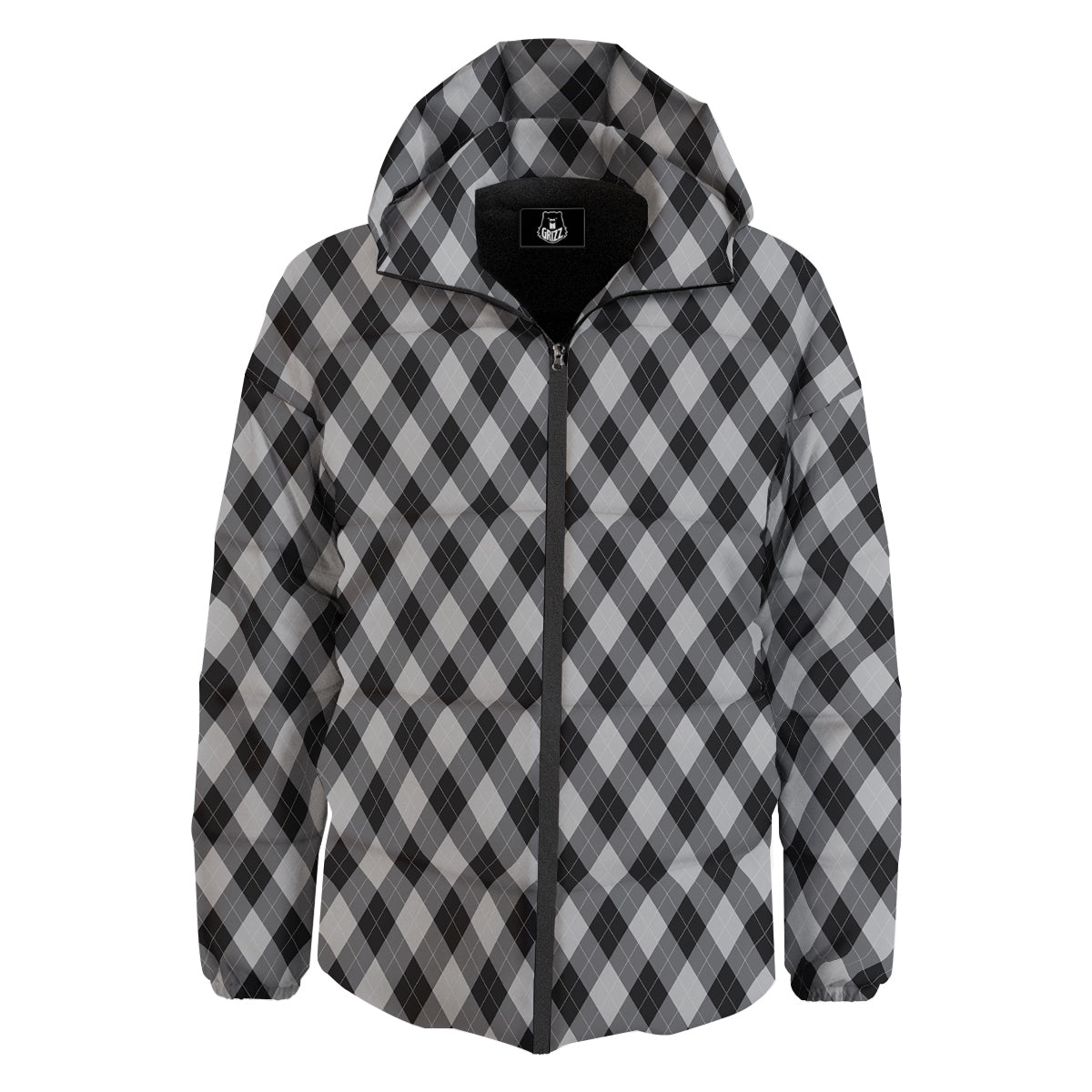 Argyle Dark Grey Print Pattern Down Jacket-grizzshop