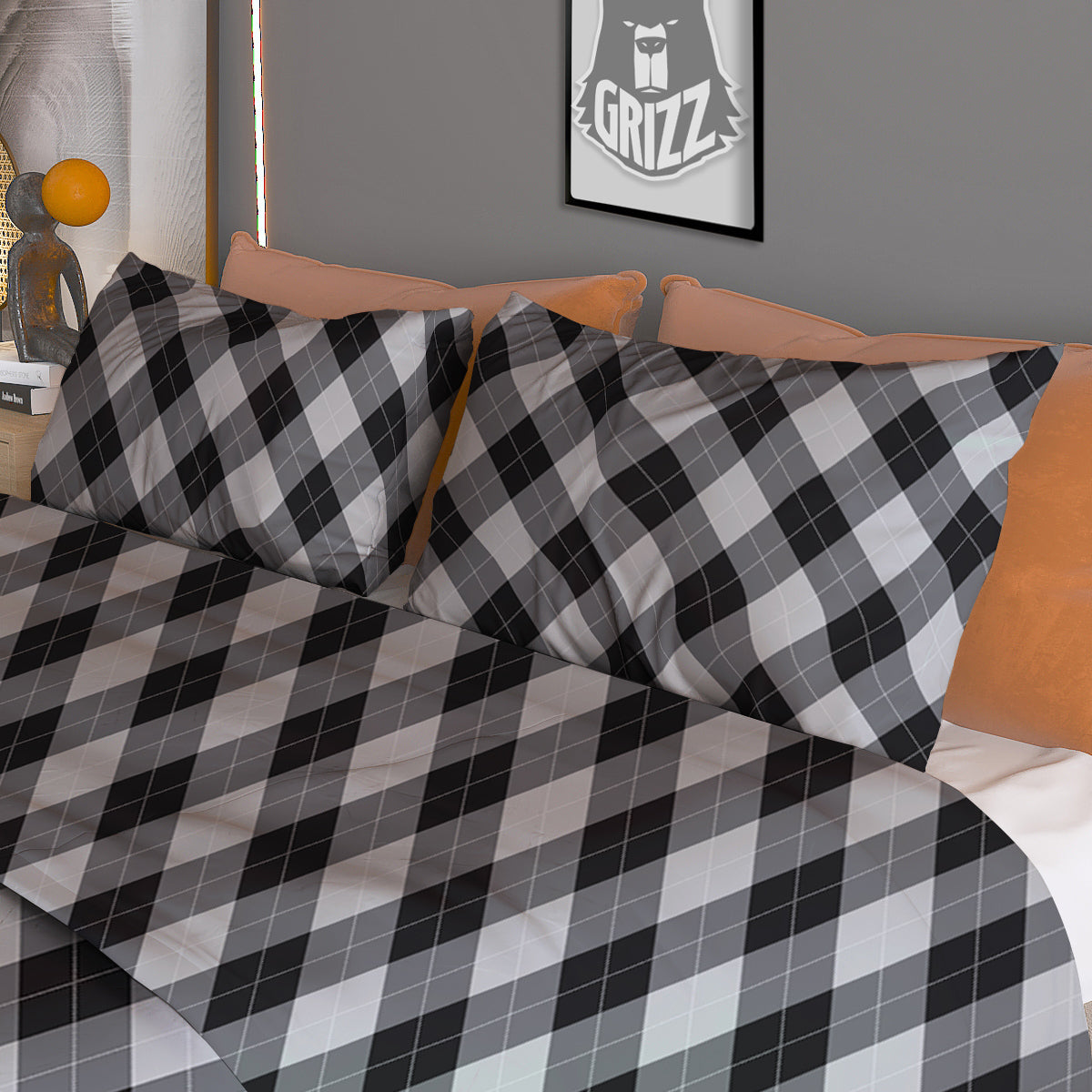 Argyle Dark Grey Print Pattern Duvet Cover Bedding Set-grizzshop