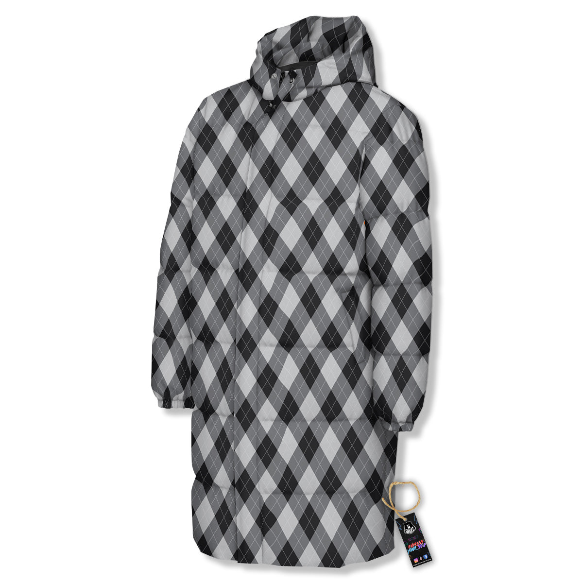 Argyle Dark Grey Print Pattern Long Down Jacket-grizzshop