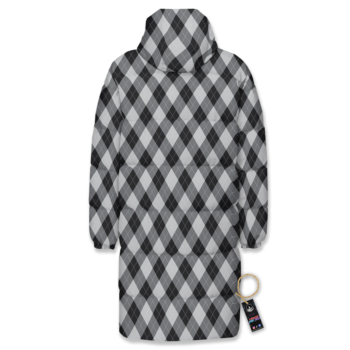 Argyle Dark Grey Print Pattern Long Down Jacket-grizzshop