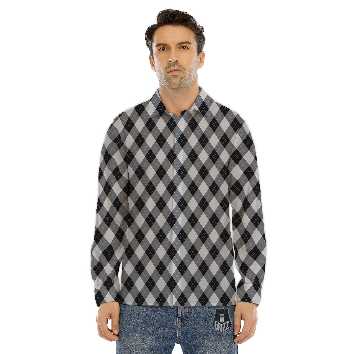 Argyle Dark Grey Print Pattern Men's Dress Shirts-grizzshop