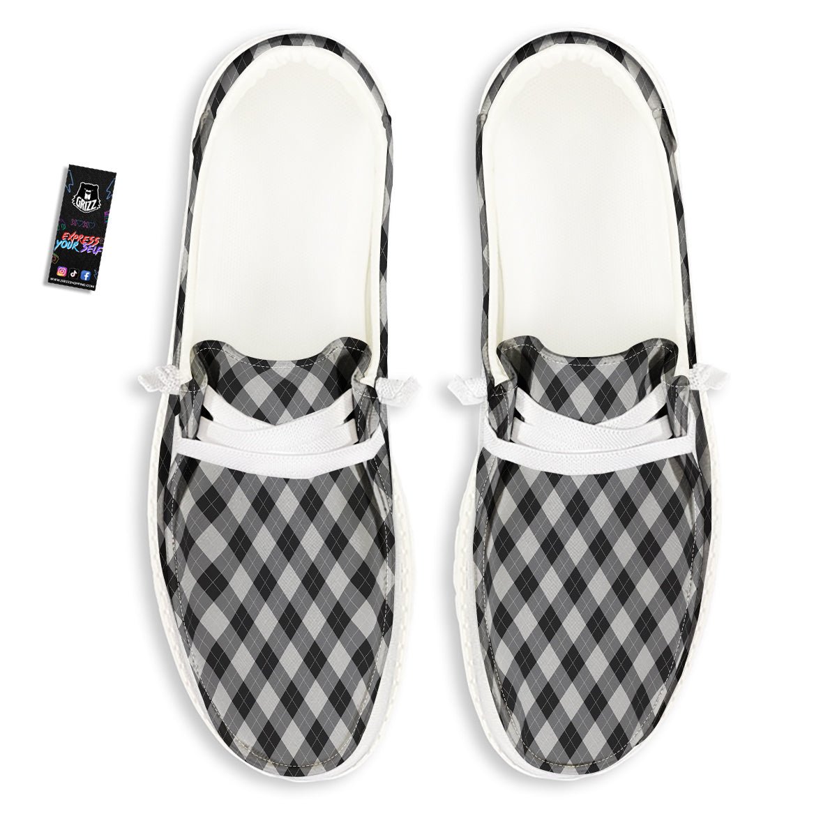Argyle Dark Grey Print Pattern White Loafers-grizzshop