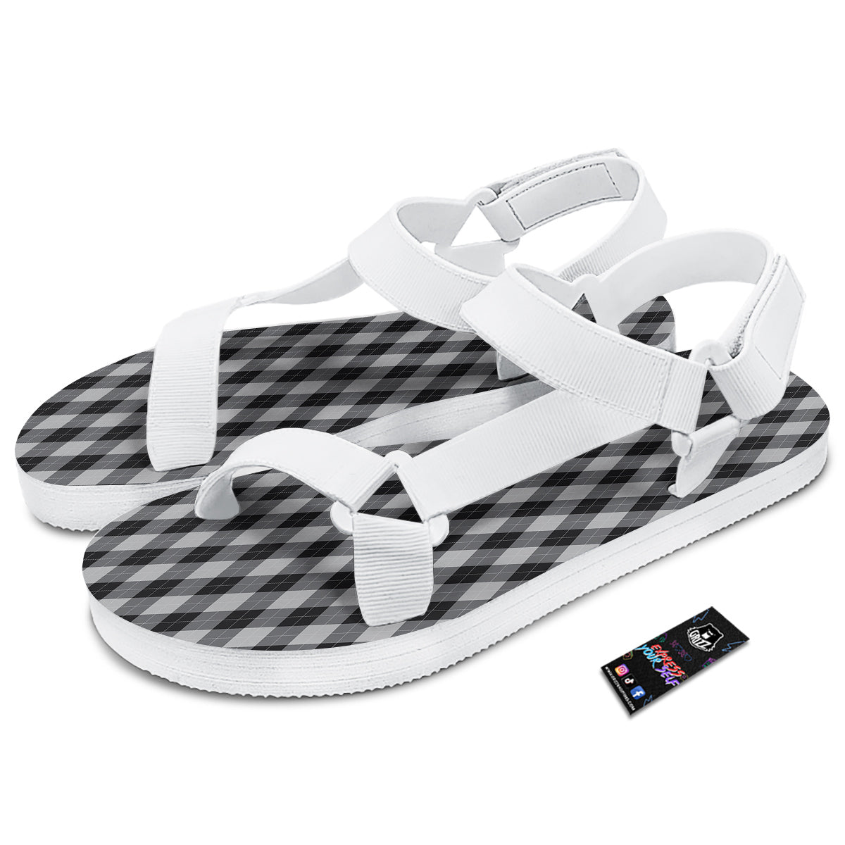 Argyle Dark Grey Print Pattern White Open Toe Sandals-grizzshop