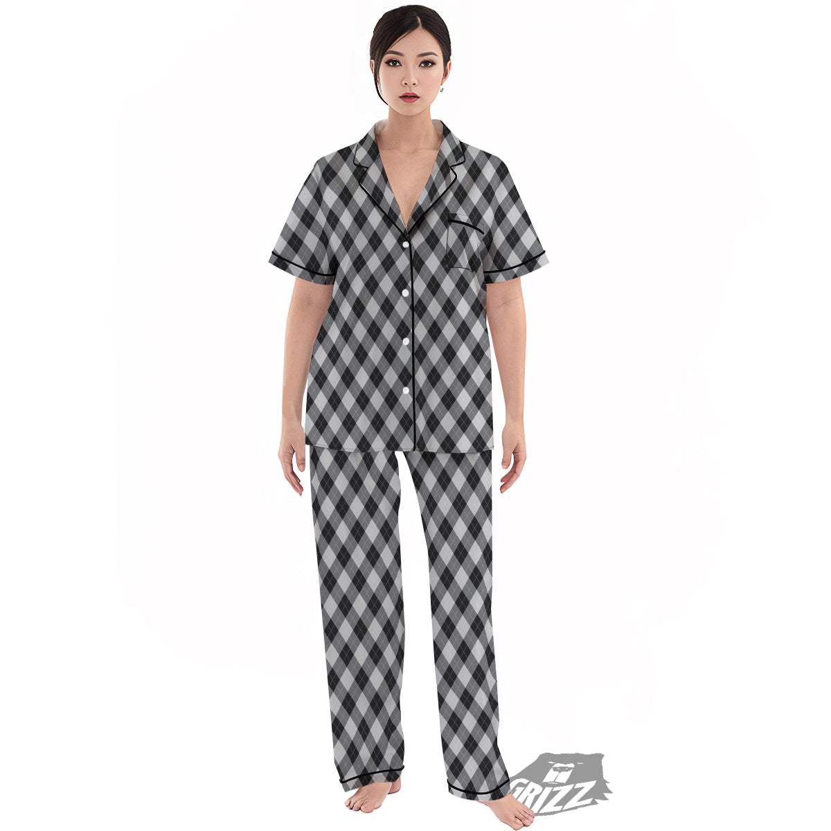 Argyle Dark Grey Print Pattern Women's Pajamas Set-grizzshop