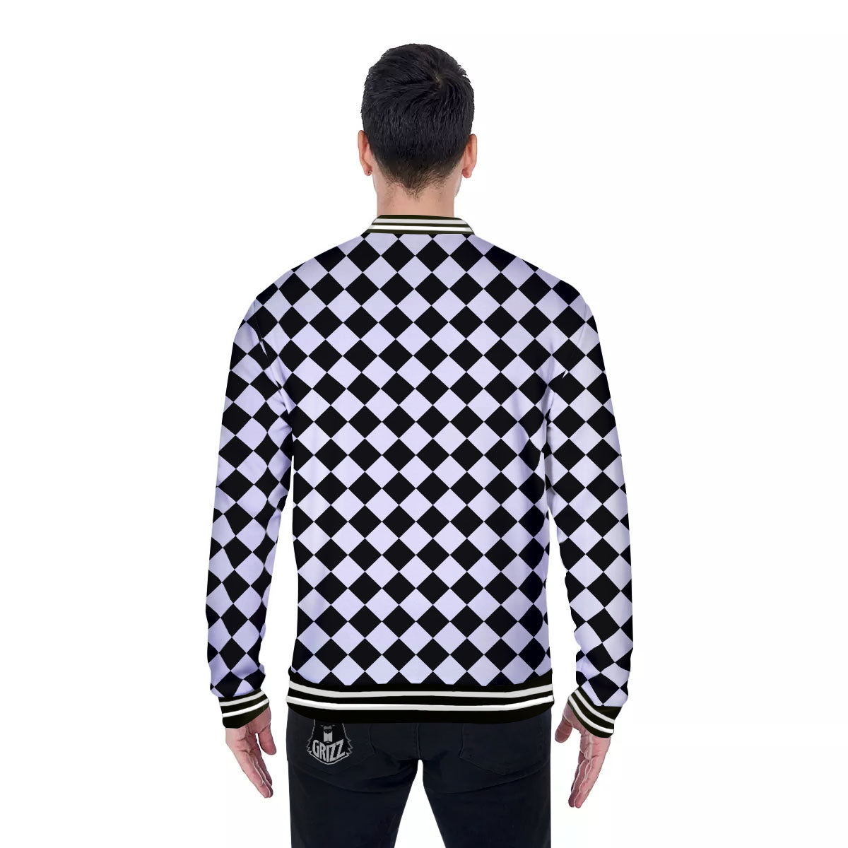 Argyle Diamond Shapes Black And White Print Pattern Baseball Jacket-grizzshop