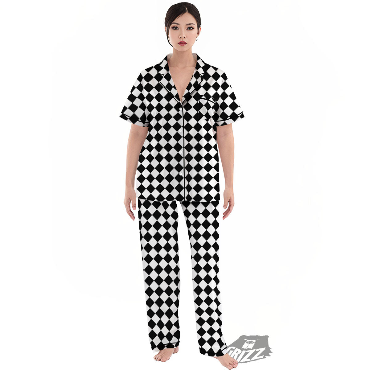 Argyle Diamond Shapes Black And White Print Pattern Women's Pajamas Set-grizzshop