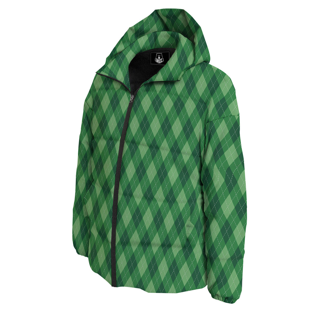 Argyle Forest Green Print Pattern Down Jacket-grizzshop